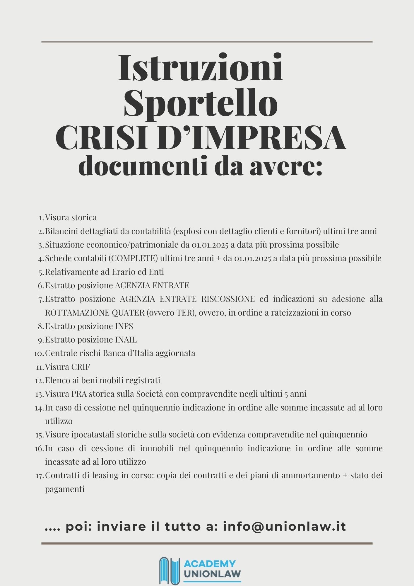 SPORTELLO CRISI D'IMPRESA - CONSULENZA FATTIBILITA' € 1.300,00+iva