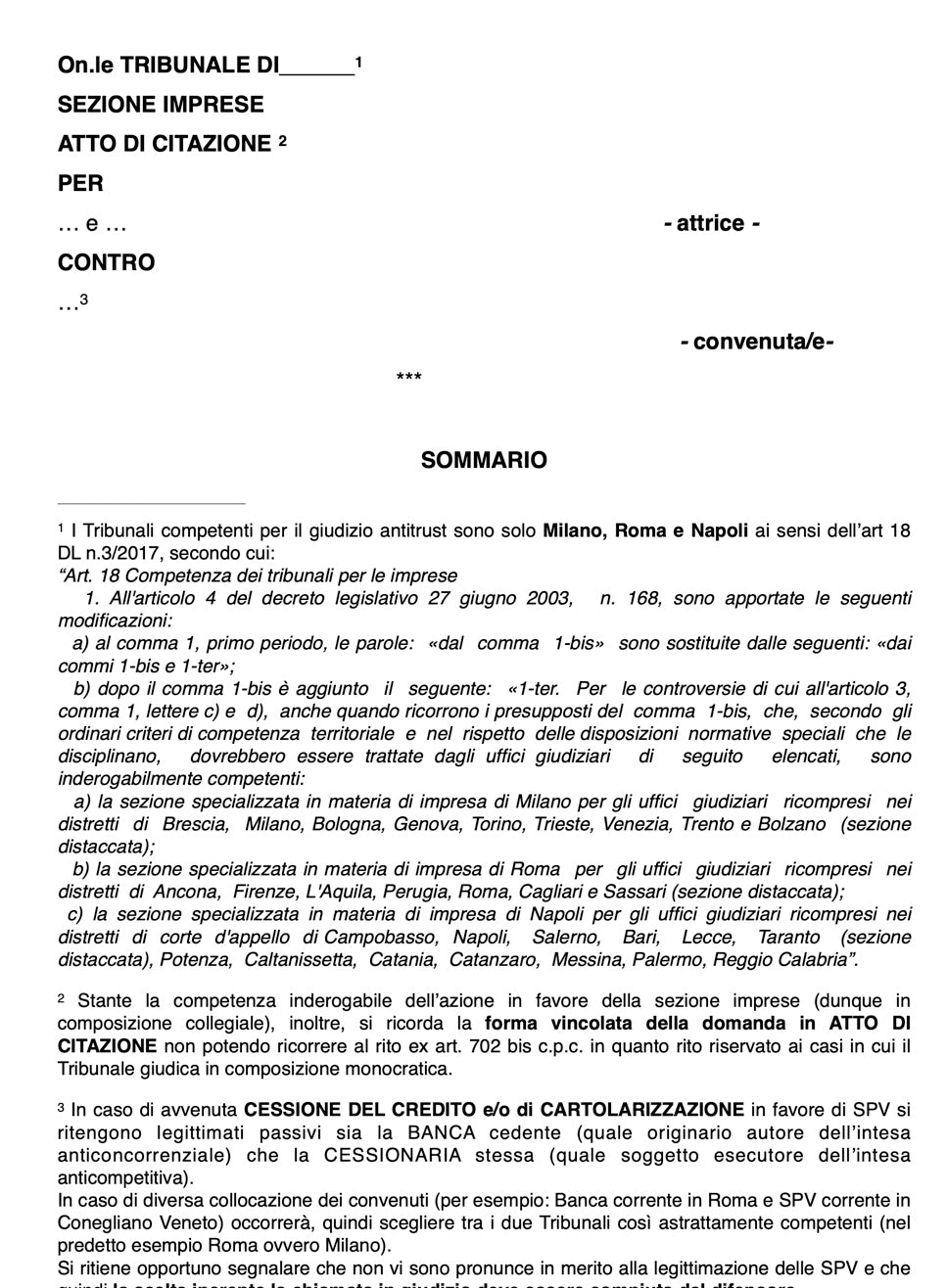 DISPENSA N 6/2022 – FORMULARIO RAGIONATO: CITAZIONE in sede antitrust su fideiussione omnibus € 500,00 + iva